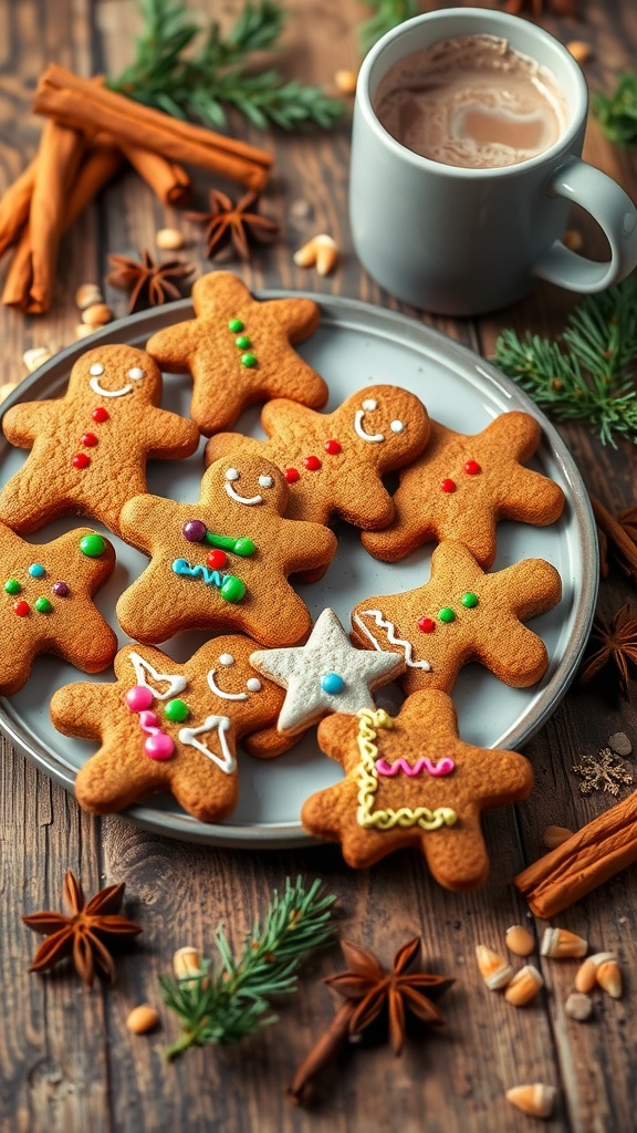 A plate of decorated vegan gingerbread cookies with holiday decor on a wooden table.